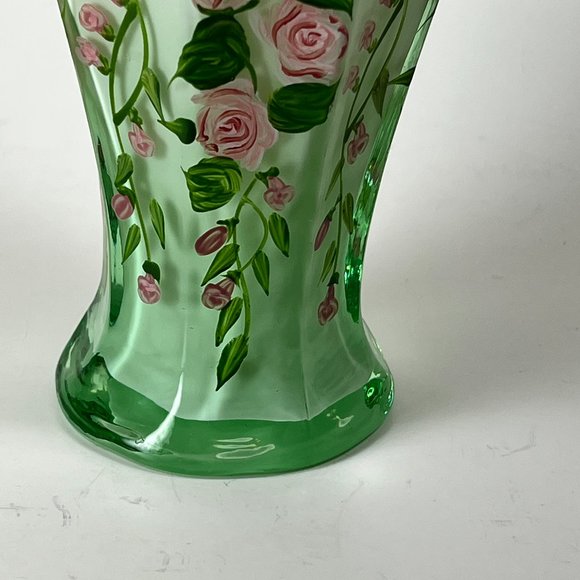 Cased Milk Green Glass Vase Hand Painted Pink Roses Floral Flower Ruffled Top - Picture 9 of 11